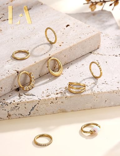 LOLIAS Septum Nose Rings Hoops - 316L Surgical Steel Septum Rings CZ Opal Silver 14K Gold Plated Hoop Nose Ring for Women 16G/18G Clicker Cartilage Earring Conch Daith Nostril Piercing Jewelry 8mm/10mm 8Pcs - color: 14K Gold, size: 16G 8MM