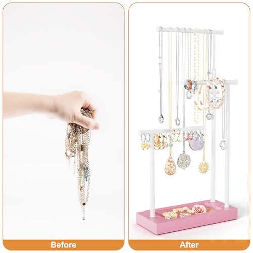 SRIWATANA Pink & White Extra Tall Necklace Holder, Jewelry Display Stand | Sturdy Tall Jewelry Organizer; Chic necklace organizer to Display Long Necklaces, Pendants, Chains Without Tangling - color: Pink & White
