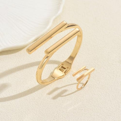 Gold Minimalist Bangle Bracelet and Ring Set for Women, Geometric Double Bar Open Cuff Hinged Bracelet, Modern Fashion Jewelry Gift