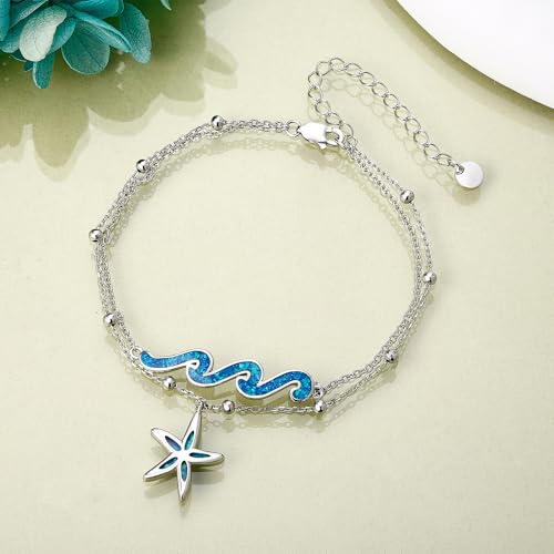 YFN Wave Anklet 925 Sterling Silver Ocean Wave Layered Ankle Bracelet Wave Beach Jewelry for Women Gifts - style: Wave Starfish Anklet