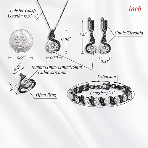 GZWHD Jewelry Set for Women Water Drop Cubic Zirconia Artificial Crystal Earrings Pendant Necklace Open Ring Tennis Bracelet Wedding Anniversary Birthday Engagement Gift for Bridesmaid Wife Girlfriend Friend - color: Black Gun-White