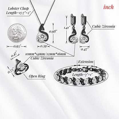GZWHD Jewelry Set for Women Water Drop Cubic Zirconia Artificial Crystal Earrings Pendant Necklace Open Ring Tennis Bracelet Wedding Anniversary Birthday Engagement Gift for Bridesmaid Wife Girlfriend Friend - color: Black Gun-White