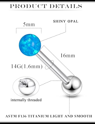 14G Astm F136 Titanium Tongue Rings Piercing Jewelry 14 Gauge Internal Thread Straight Barbell Opal Tongue Rings Piercing Jewlery for Women Men White Pink Purple Blue Green 16MM Bar Length - color: Blue