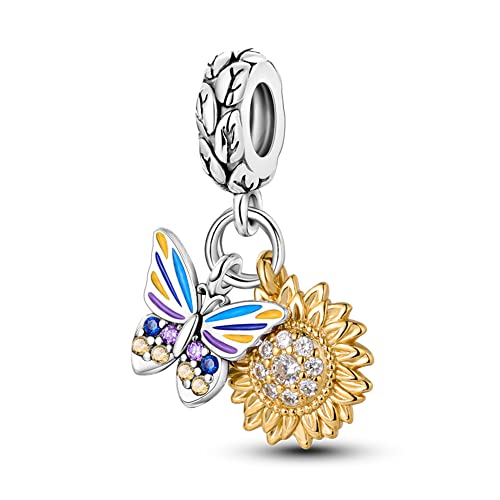 Pandach 925 Sterling Silver Charms for Bracelets and Necklaces Travel Round The World Beads Charms Relaxation Dangle Pendant,Jewelry Beads Gifts for Women - style: Butterfly Sunflower Charm