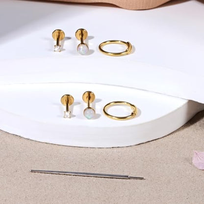 Zolure 18G/20G Flat Back Earrings Stud Threadless Nose Studs Surgical Steel Push in Earrings Tragus Cartilage Labret Helix Lip Conch Medusa Piercing Jewelry - color: 20G Gold #3