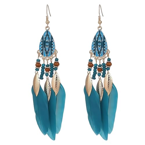 Boho Feather Tassel Dangle Earrings for Women Gold Plated Vintage Enamel Blue Beaded Peacock Feather Light Charms Drop Dangling Fish Hook Stud Bohemian Festival Party Jewelry
