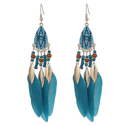 Boho Feather Tassel Dangle Earrings for Women Gold Plated Vintage Enamel Blue Beaded Peacock Feather Light Charms Drop Dangling Fish Hook Stud Bohemian Festival Party Jewelry