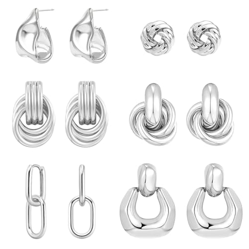 6 Pairs Gold Dangle Earrings for Women, 14K Gold Plated Earrings Geometric Knot Drop Huggie Earrings Trendy Jewelry Gifts - color: A Silver