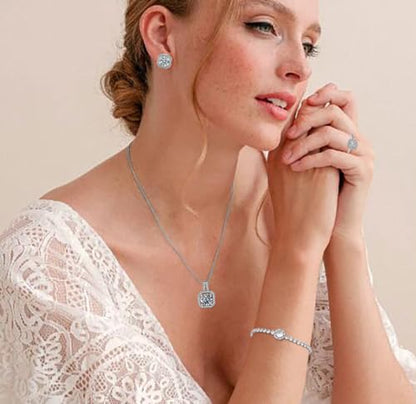 Women 4Pieces Cubic Zirconia Jewellery Set Rhinestone Necklace Earrings Bracelet Ring - color: Silver 2