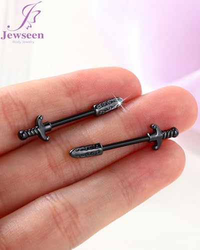 Jewseen 14G Nipple Rings Sword Nipple Piercing Jewelry Surgical Steel Nipple Barbell Straight Bar Body Piercing Jewelry for Women - color: Black