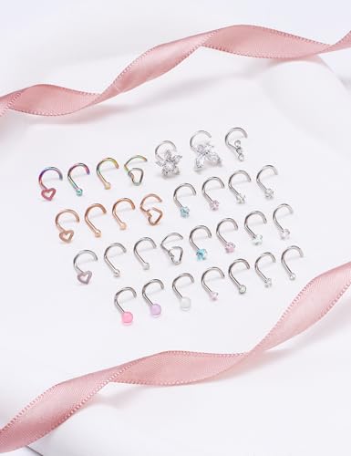 Prjndjw 20G 18G Nose Rings Studs Surgical Steel Nose Stud Glow Dark Heart Opal CZ Flower Nose Piercing Jewelry Nose Rings for Women Straight Screw L Shaped Nose Rings Hypoallergenic Nose Piercing Kit - color: 18G-Twisted nose rings