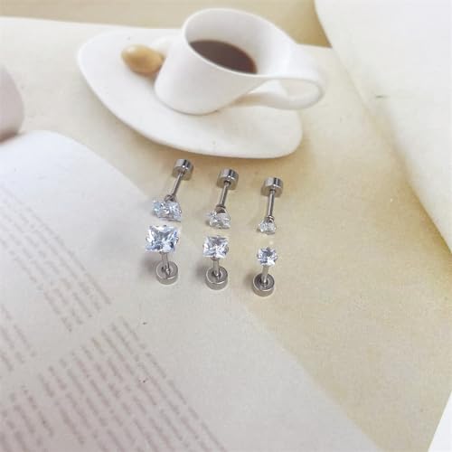 18G Princess Cut Clear Cubic Zirconia Cartilage Small Stud Earrings for Men Women Square Barbell Tragus Helix Screw Sleeper Surgical Steel Flat Back Piercing Studs Hypoallergenic 3 Pairs 3-5mm - color: Silver