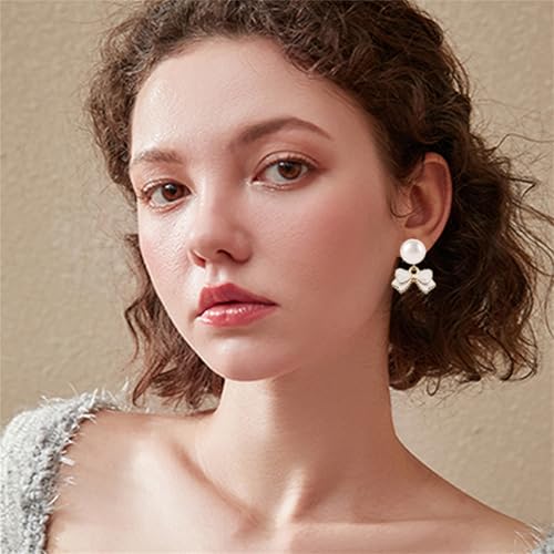 MALOYANVE 4PCS Bow Necklace Earrings Bracelet Ring Set for Women Elegant Bowknot - Adorned Pearl Jewelry Silk Ribbon Necklace Bracelet and Earrings for Christmas - style: White Bow