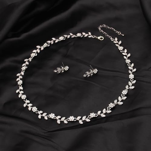 Austrian Crystal Rhinestone Choker Necklace Dangle Earring Link Bracelet Jewelry Set for Brides Bridesmaid Prom Costume Accessories for Women - color: White-Silver Plated
