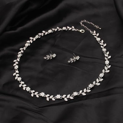 Austrian Crystal Rhinestone Choker Necklace Dangle Earring Link Bracelet Jewelry Set for Brides Bridesmaid Prom Costume Accessories for Women - color: White-Silver Plated