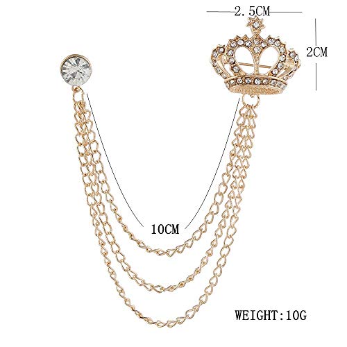 Rhinestone Crown Long Chain Brooch.Gold Silver Tassel Brooch Pin,Retro Crystal Suit Pins Collar Coat Pin for Men's Accessories Pin Husband Gifts - color: Gold