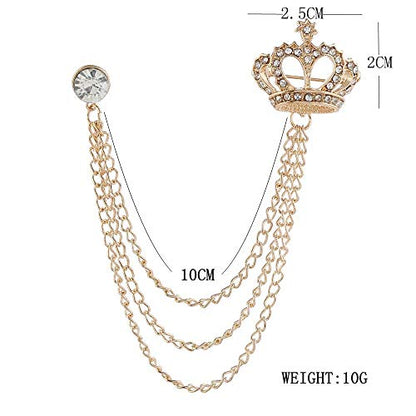 Rhinestone Crown Long Chain Brooch.Gold Silver Tassel Brooch Pin,Retro Crystal Suit Pins Collar Coat Pin for Men's Accessories Pin Husband Gifts - color: Gold