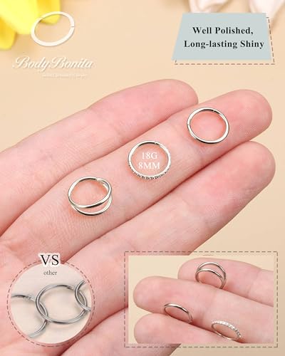 BodyBonita 3pcs Nose Rings Hoops - Double Hoop Nose Ring 14/16/18/20G Hinged CZ Piercing Jewelry Septum Clicker Rings Cartilage Earring Helix Rook Tragus Daith 7mm/8mm/9mm/10mm - color: Silver, size: 18 gauge(1.0mm)-8mm
