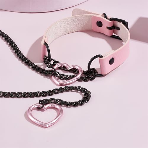 Leather Choker Slip Chain Necklace Stainless Steel Cuban Link Long Necklaces Gothic Punk Heart Chain Necklace Handmade Collars for Women - color: Pink+Black