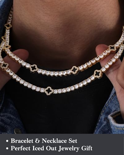 LuxeFlex 4mm Iced Out Four Leaf Tennis Chain,White Gold Plated with 5A Zircon Stones, exquisite Handmade Hip Hop Bling Necklace Perfect Unisex Jewelry Gift - color: Gold, size: 20 INCH