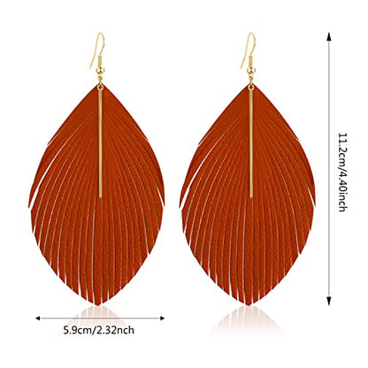 Bohemian Handmade Lightweight Color Large Genuine Soft Leather Fringe Feather Leaf Tear Dangle Drop Earrings for Women Statement - color: Orange