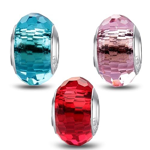 MICOO 925 Sterling Silver Charms for Bracelets,Fashion DIY Dangle Pendants Beads Simulated Birthstone Charms,Birthday Gifts for Women - color: 3 Pale Blue Red and Pink Charms
