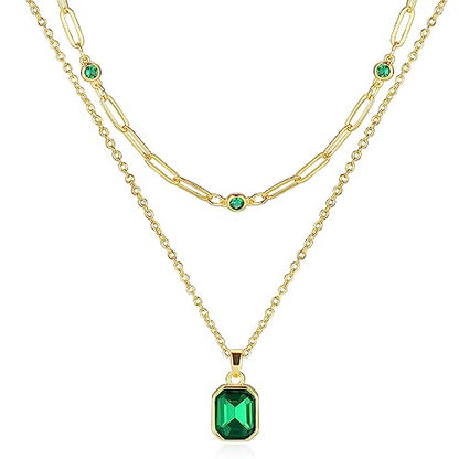 Gold Layered Necklaces for Women, 18k Gold Plated Crystal Necklace Paperclip Choker Emerald Green Jewelry for Women Gifts - color: Green