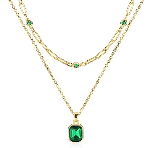 Gold Layered Necklaces for Women, 18k Gold Plated Crystal Necklace Paperclip Choker Emerald Green Jewelry for Women Gifts - color: Green