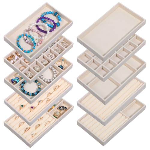 10 Pack Velvet Jewelry Trays – Stackable Drawer Organizer Inserts, Beige Jewelry Storage and Display Trays for Necklaces, Rings, Earrings & Bracelets