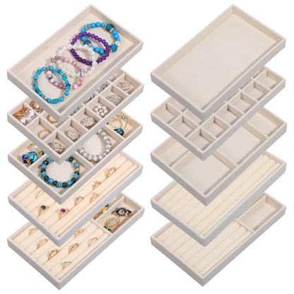 10 Pack Velvet Jewelry Trays – Stackable Drawer Organizer Inserts, Beige Jewelry Storage and Display Trays for Necklaces, Rings, Earrings & Bracelets