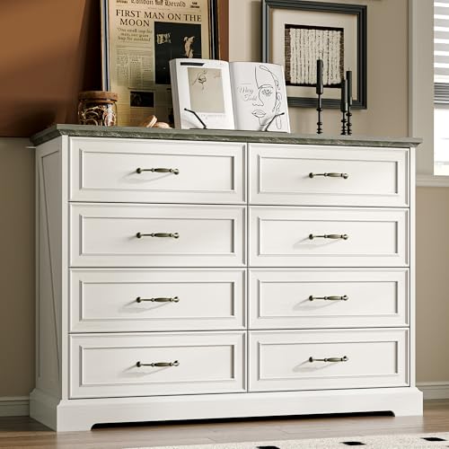 Farmhouse 8 Drawers Dresser for Bedroom, 48" Wide Wood Chest of Drawers with Deep Drawers & Bar Handles, Modern Dresser TV Stand, Rustic Wooden Closet Storage Organizer for Living Room, Hallway, White - color: White, size: 15.8"D x 47.2"W x 35.4"H (8 Draw