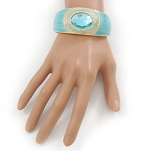 Aqua Blue Enamel Crystal Hinged Bangle Bracelet In Gold Plating - 18cm L