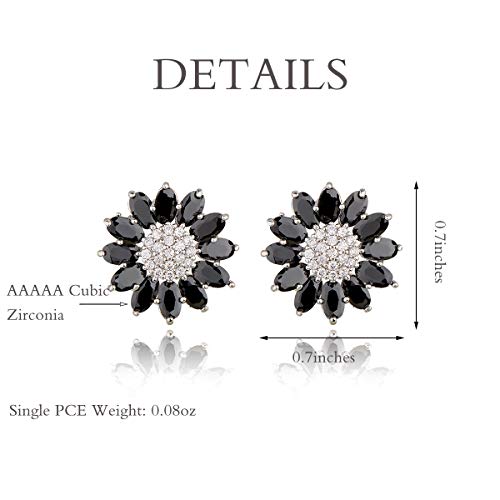 Crystal Flower Burst Stud Earirings - Big Sterling Silver CZ Cubic Zirconia Rhinestone Daisy Sunflower Floral Cluster Studs Bridal Wedding Party Prom Costume Jewelry for Bride Bridesmaids Women Birthstone Birthday Gift - color: Black