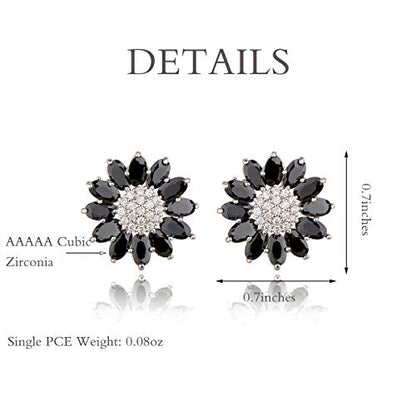 Crystal Flower Burst Stud Earirings - Big Sterling Silver CZ Cubic Zirconia Rhinestone Daisy Sunflower Floral Cluster Studs Bridal Wedding Party Prom Costume Jewelry for Bride Bridesmaids Women Birthstone Birthday Gift - color: Black
