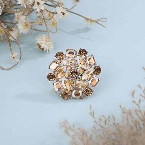 Xerling Red Rhinestone Big Flower Rings Women Crystal Cocktail Party Rings Bridal Wedding Prom Ring Aesthetic Costume Rings for Teens - color: Champagne