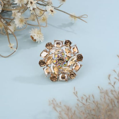 Xerling Red Rhinestone Big Flower Rings Women Crystal Cocktail Party Rings Bridal Wedding Prom Ring Aesthetic Costume Rings for Teens - color: Champagne