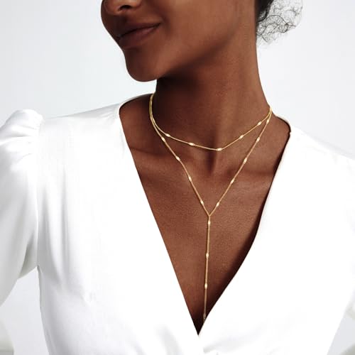 Zeffy Lariat Gold Necklace for Women, Dainty Long Necklace 14k Gold/Silver Plated Layered CZ Beaded Bar Chain Y-Shaped Body Chain Stack Drop Wedding Necklace Trendy Simple Gold Jewelry Gifts - color: Gold Bar Y Necklace(1PCS）