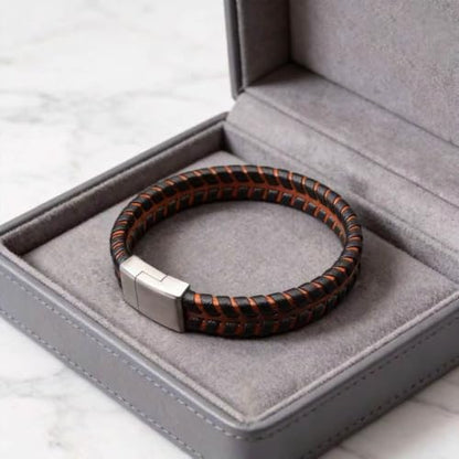 Men's Leather Bracelet, Stackable Stainless Steel Clasp Bracelets for Men Stylish Birthday, Thanksgiving, Valentine's Day Gift for My Man (8.4" Orange and Black) | Men's Accessory, Leather Band, Stainless Steel, Wrist Bracelet