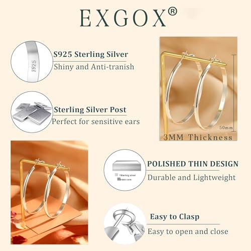 EXGOX 5mm Wide Gold Hoop Earrings for Women,Sterling Silver Hoop Earrings Large Silver Hoop Earrings Hypoallergenic Lightweight 14K Real Gold Plated Big Hoop Earrings for Women 30/40/50/60/70mm - color: 3MM-Sliver Hoop-50mm