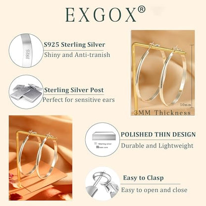 EXGOX 5mm Wide Gold Hoop Earrings for Women,Sterling Silver Hoop Earrings Large Silver Hoop Earrings Hypoallergenic Lightweight 14K Real Gold Plated Big Hoop Earrings for Women 30/40/50/60/70mm - color: 3MM-Sliver Hoop-50mm
