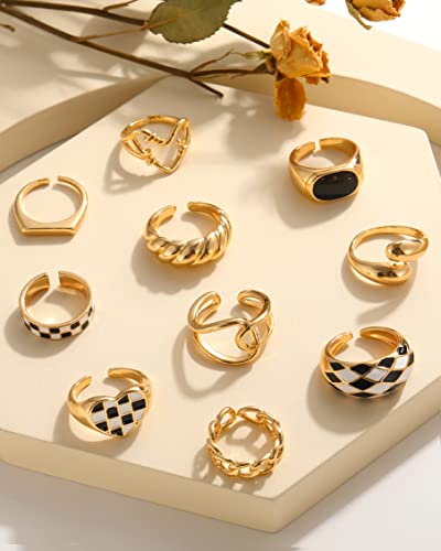 FAXHION 12PCS Gold Stackable Rings Set for Women, 18K Gold Plated Open Stacking Knuckle Ring, Adjustable Chunky Signet Band Statement Ring for Gift - color: 0-Gold 10pcs