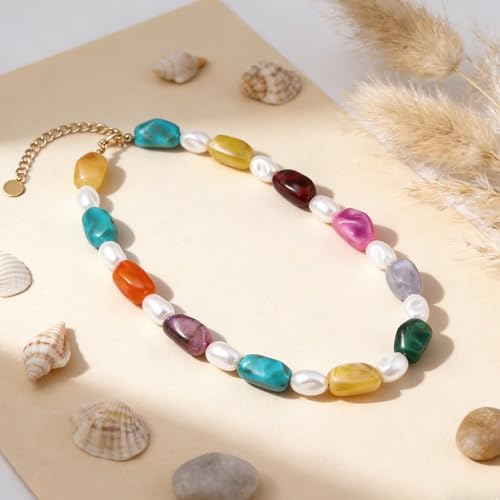 Rainbow Beaded Necklace for Women - Boho Necklaces Chunky Necklace for Summer Vacation Jewelry, Colorful Seed Bead Choker Statement Necklace - color: Fine E