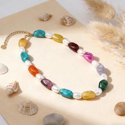 Rainbow Beaded Necklace for Women - Boho Necklaces Chunky Necklace for Summer Vacation Jewelry, Colorful Seed Bead Choker Statement Necklace - color: Fine E