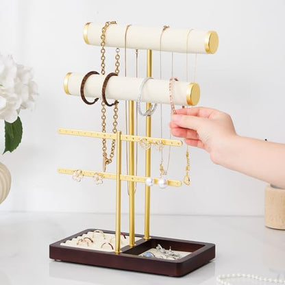 modern T-shaped jewelry rack, jewelry tower, gold metal, square ceramic base decoration display tower, necklace, bracelet, ring storage rack (2-layer beige velvet) - style: 2-layer beige velvet