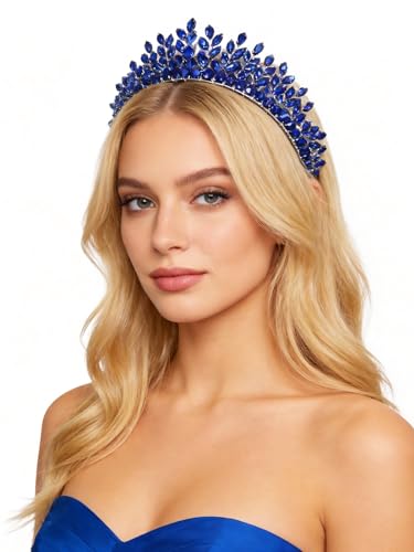 Bridal Rhinestone Headband Wedding Hair Accessories for Women, Pearl Crystal Headband Wedding Costume Headpieces for Brides Princess Quinceanera Christmas Party Prom Birthday(Blue) - color: Blue