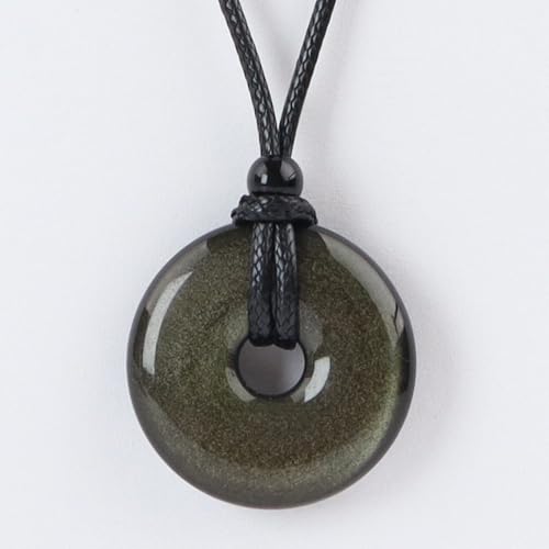 FANASY Natural Gemstone Pendant Necklce Lucky Coin Crystal Necklace Protection Donut Pendnat with Adjustable Rope for Men Women - color: Gold Sheen Obsidian