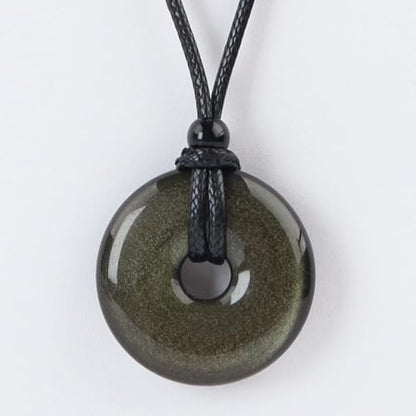 FANASY Natural Gemstone Pendant Necklce Lucky Coin Crystal Necklace Protection Donut Pendnat with Adjustable Rope for Men Women - color: Gold Sheen Obsidian