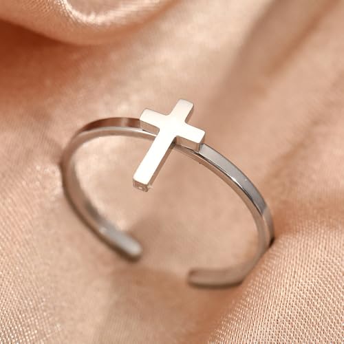 Stainless Steel Cross Open Ring, Minimalist Basic Band, Colorfast Fashion Ring for Teens, Religious & Daily Casual Wear