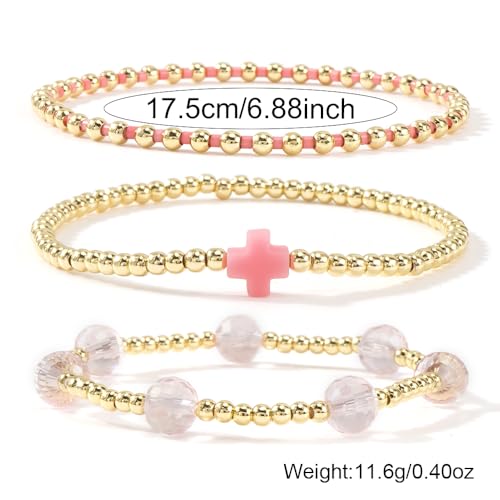 14K Gold Plated Beaded 3Pcs Stack Bracelets for Women, Dainty Trendy Freshwater Stackable Pearl Paperclip Cross Chain Gold Balls Stretch Accessories Jewelry Vacation Gift - color: pink