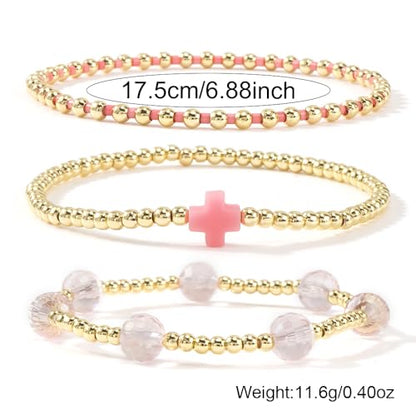 14K Gold Plated Beaded 3Pcs Stack Bracelets for Women, Dainty Trendy Freshwater Stackable Pearl Paperclip Cross Chain Gold Balls Stretch Accessories Jewelry Vacation Gift - color: pink
